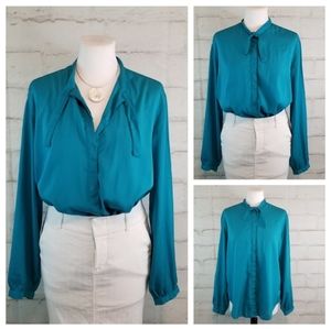 Vintage Camice L Teal Blue Satin Pussy Bow Blouse